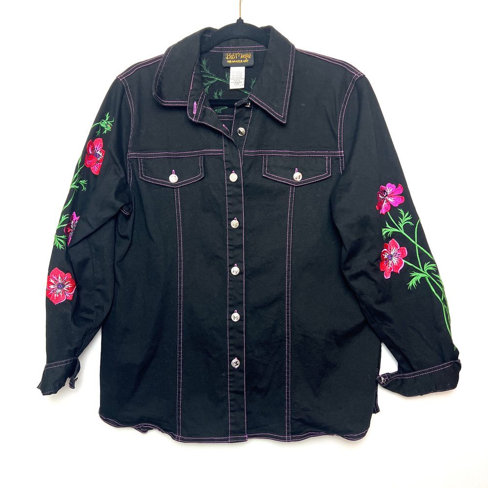 Bob Mackie Wearable Art Women's‎ S Black Floral Embroidered Lightweight Jacket